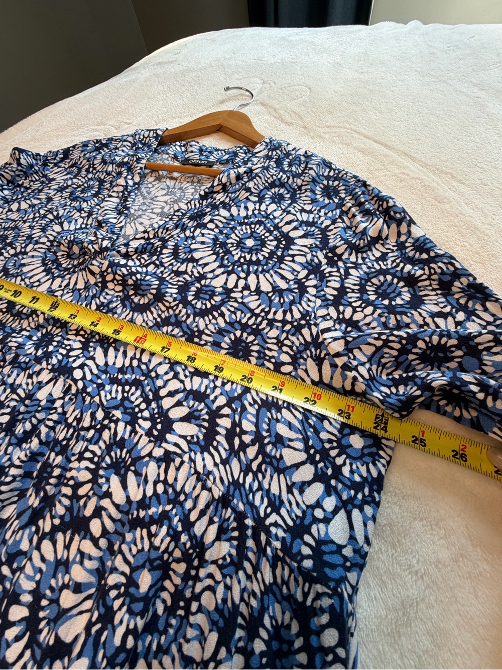 Olsen XL/16 Blue Floral Batik 3/4 Sleeve Swing V-Neck Tunic Dress Boho Resort - Picture 7 of 11